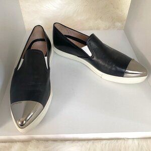 EUC MIU Black Silver Metal CapToe Leather Skate Slip on Sneakers Shoe 37 7